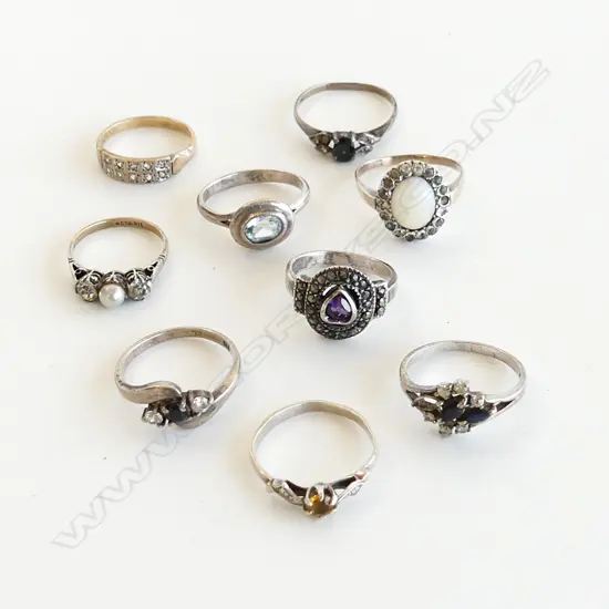 9 ASST DRESS RINGS, MOSTLY STG SILVER