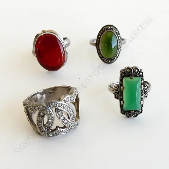 4 STG SILVER DRESS RINGS, 3 WITH LG GEMS & 1 MARCASITE 