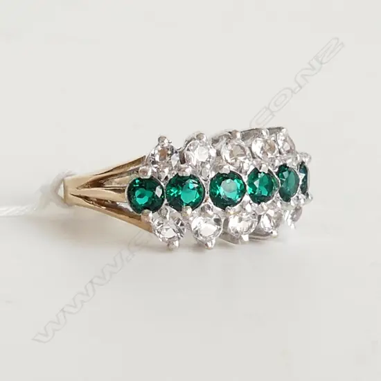 9CT GREEN & COLOURLESS GEM SET DRESS RING, SIZE P. 5.55GMS