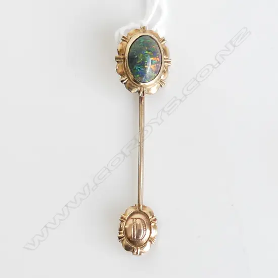 9CT GOLD set black opal stick pin, 4.0gms