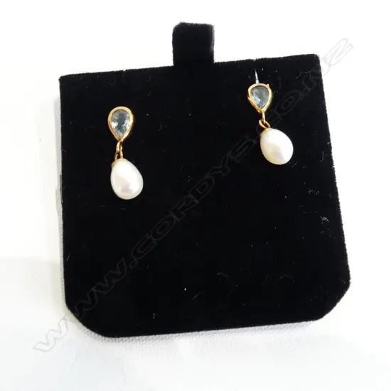 PR 9CT GOLD, PEARL & AQUA STONE DROP EARRINGS