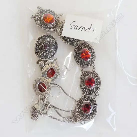 2 PRS 925 SILVER GARNET COLOUR EARRINGS + BRACELET & LOCKET NECKLACE31.6 GRAMS