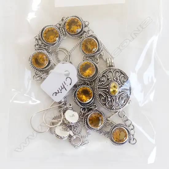 3 PCES 925 SILVER & CITRINE COLOUR JEWELLERY; BRACELET, LOCKET NECKLACE & PR EARRINGS 24.6 GRAMS