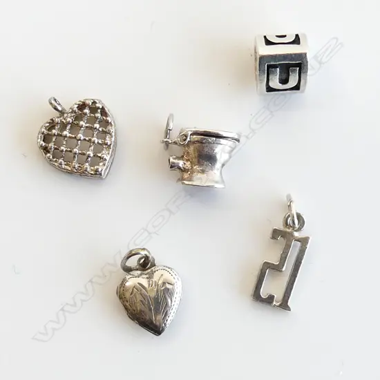 5 STG SILVER CHARMS; INCL. HEART LOCKET, TOILET, '21' ETC.. 