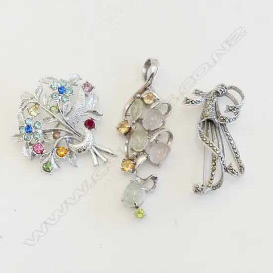 SILVER MOONSTONE PENDANT,  925 SILVER MARCASITE HARP BROOCH & SILVER TONE & GLASS TREE BROOCH