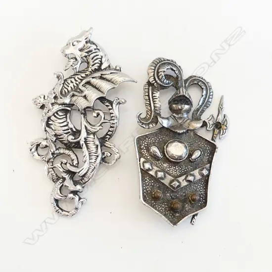TWO SILVER  AGNES MEDIEVAL THEMED BROOCHES