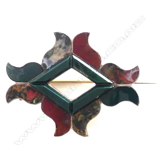 SILVER & AGATE HARDSTONE ART NOUVEAU STYLE BROOCH, 15GMS