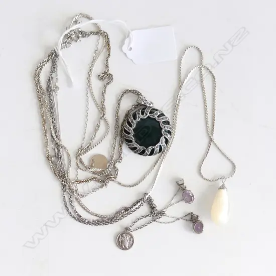 5 SILVER NECKLACES with PENDANTS: 2 ST. CHRISTOPHER + MOP ETC