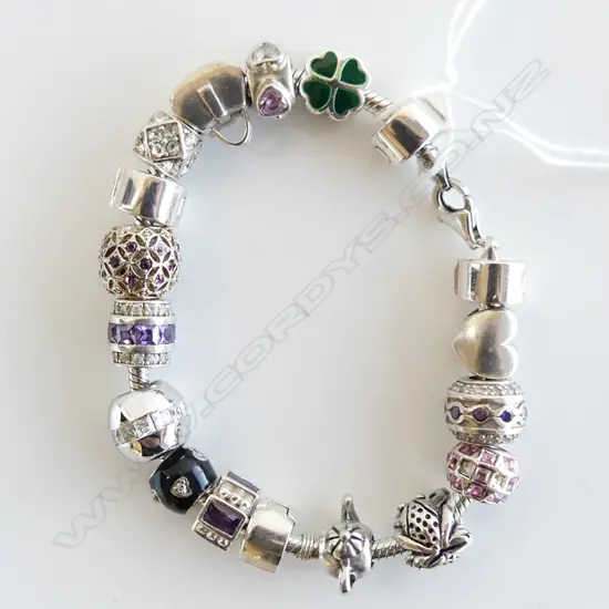 PANDORA CHARM BRACELET WITH 17 CHARMS & SPACERS, WITH BOX