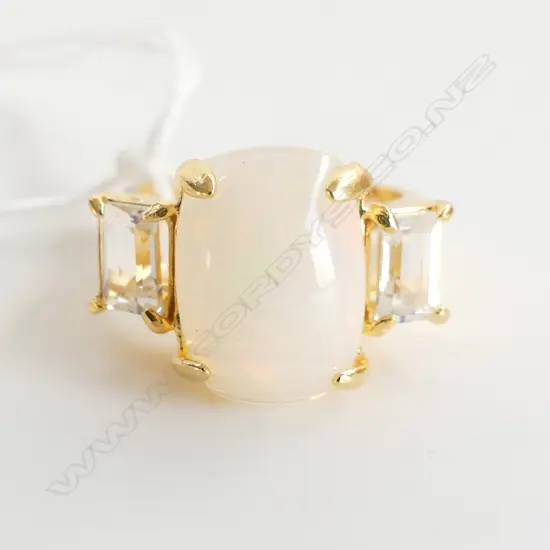 18K YELLOW GOLD PLATED RING SET WITH NATURAL 6.5CT CUSHION OPAL, AIG CERT.