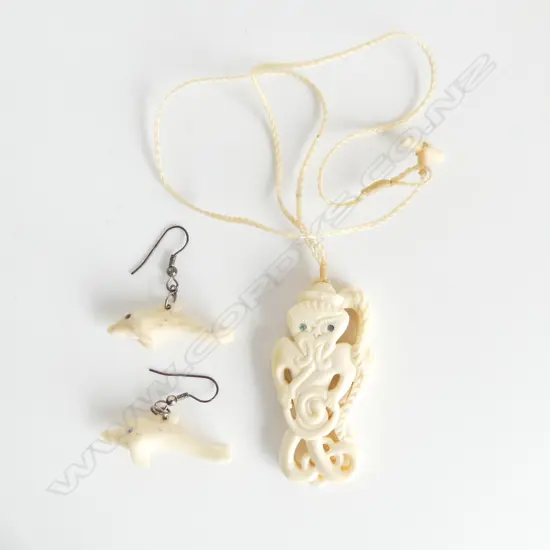 MAORI CARVED BONE TANIWHA NECKLACE + PR DOLPHIN EARRINGS