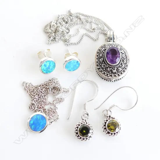 4 PCES 925 SILVER JEWELLERY; PERIDOT EARRINGS, OPAL NECKLACE & EARRINGS, AMETHYST PENDANT NECKLACE 10.2 GRAMS