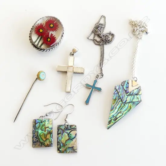 ASST JEWELLERY; STG SILVER & PAUA PENDANT & EARRINGS, MOP CROSS, STG & ENAMEL CROSS & CHAIN ETC..