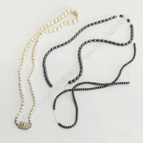 2 STRINGS HEMITITE BEADS, NEED CLASPS + FAUX PEARL NECKLACE WITH STG SILVER CLASP