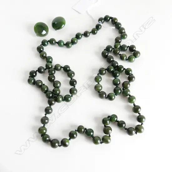 LONG GREENSTONE BEAD NECKLACE, 108CM & MATCHING EAR CLIPS, STAMPED 925 