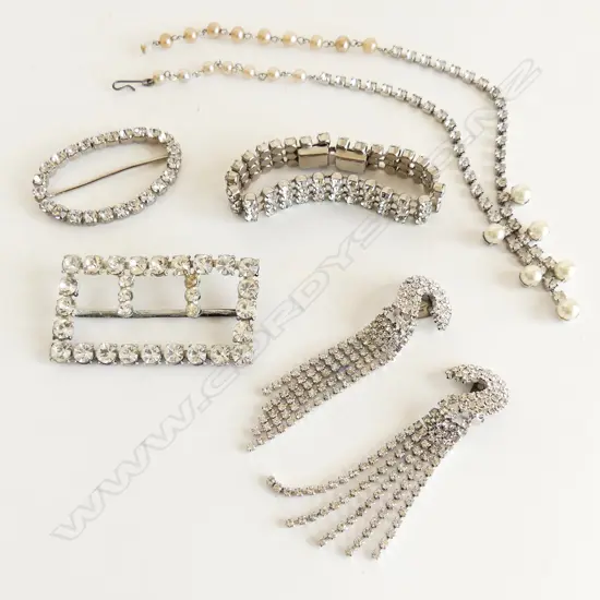 VINTAGE RHINESTONE JEWELLERY, 2 BELT BUCKLES, LG DROP EARRINGS, BRACELET & NECKLACE 