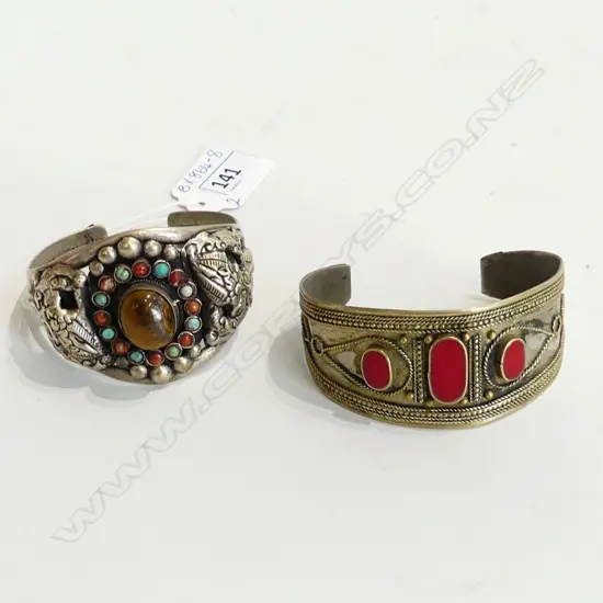 2 THAI SILVER CUFF BANGLES WITH GEM STONES