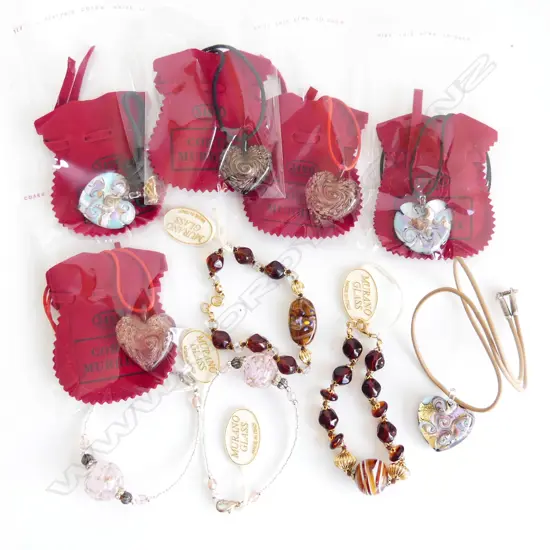 6 MURANO GLASS HEART PENDANT NECKLACES + 4 BRACELETS