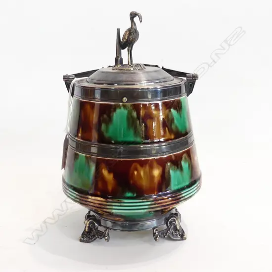 VICTORIAN MINTONS? MAJOLICA AND SILVER PLATE BISCUIT BARREL (FAULT)