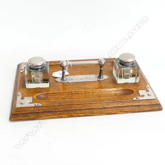 OAK & SILVER PLATE DESK SET w. 2 INKWELLS 300x200mm