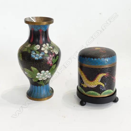 ORIENTAL CLOISONNE VASE (H170mm). & TEA CANISTER WITH STAND (H100mm