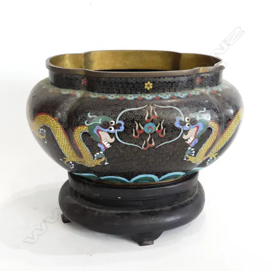 VINTAGE ORIENTAL CLOISONNE OVAL PLANTER POT & WOODEN STAND  260 X 180 X 210mm