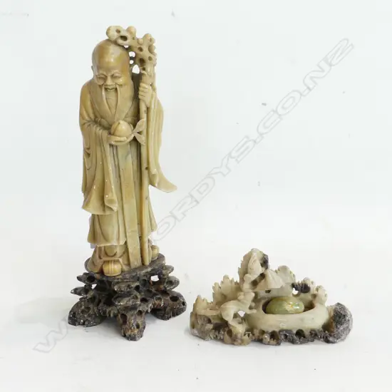 2 PCS ORIENTAL JADE - FIGURINE, H. 250mm + ONE OTHER, L. 135mm