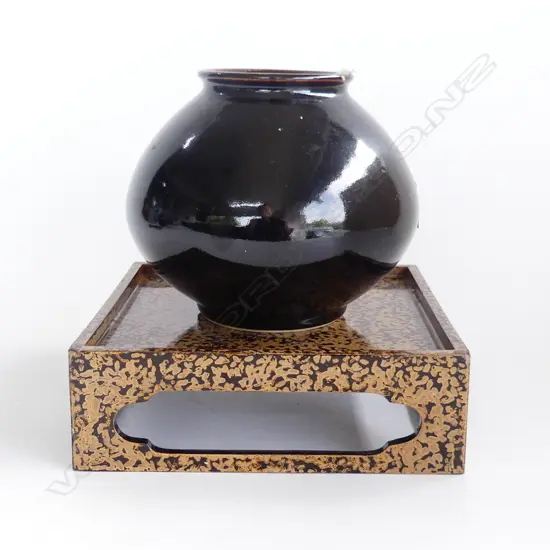 JAPANESE DARK BROWN VASE WITH LACQUER STAND H. 230mm