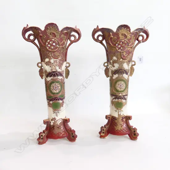PR VINTAGE ORIENTAL VASES with APPLIED HANDLES & LEAVES, H. 480mm