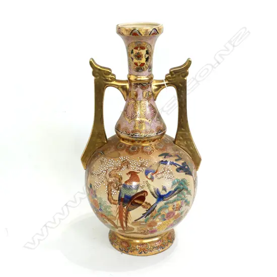 LGE DECORATED SATSUMA VASE COLOURFUL BIRDS AND FOLIAGE H525mm gilt highlights
