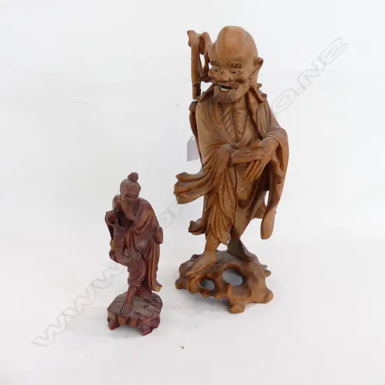 2 CARVED WOODEN ORIENTAL FIGURES H. 360 & 205mm
