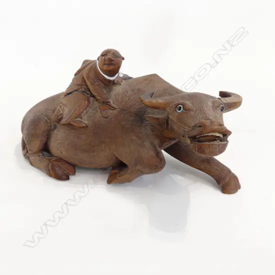 CARVED WOODEN ORIENTAL BUFFALO WITH RIDER, L. 200mm