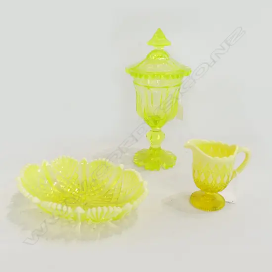 VASELINE GLASS JUG (H. 105MM) & OVAL DISH (215 X 170mm) + IRIDESCENT GREEN LIDDED JAR (H. 255mm)