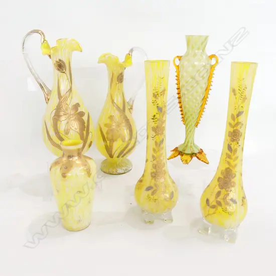 6 ASST VINTAGE YELLOW GLASS VASES, TALLEST H.330mm