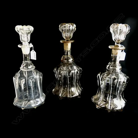 PAIR OF HEAVY CRYSTAL DECANTERS + ONE OTHER WITH CLOUDED INTERIOR H 330 MM