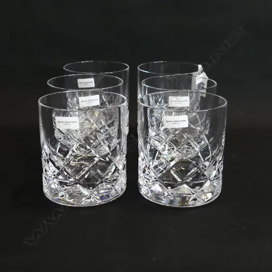 6 ROYAL DOULTON CRYSTAL DOUBLE OLD FASHIONED WHISKY TUMBLERS ETECHED STAMP TO BASE H. 85MM D. 75MM