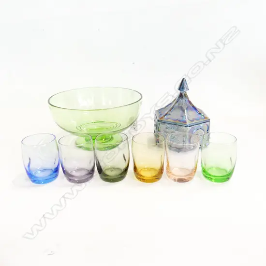 TALL GLASS BOTTLE H570MM LIDDED GLASS JAR H150 GREEN GLASS BOWL & 6 COULORED GLASSES