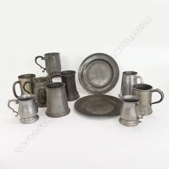 9 PEWTER MUGS H.140mm + 2 PLATES 230mm dia