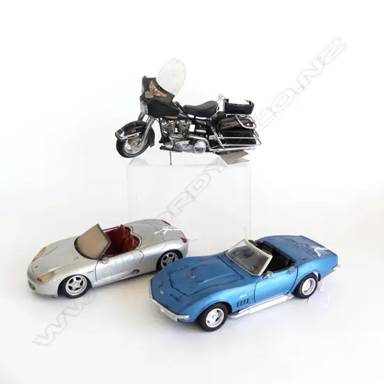 3 DIE CAST MODELS 69 CHEV L250MM PORCHE BOXSTER L220MM & HARLEY DAVIDSON  L230MM