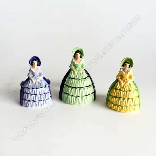 1930’S CARLTON WARE CRINOLINE LADY SALT SHAKER, LIDDED MUSTARD POT & NAPKIN RING