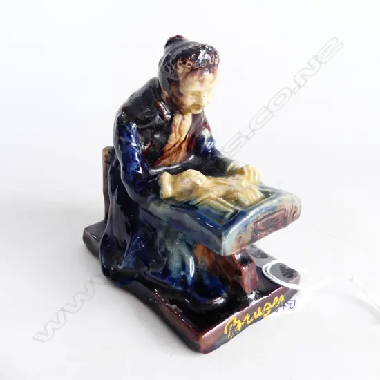 ANTIQUE FRENCH MAJOLICA FIGURINE OF LACE MAKER BRUGES L. 100mm