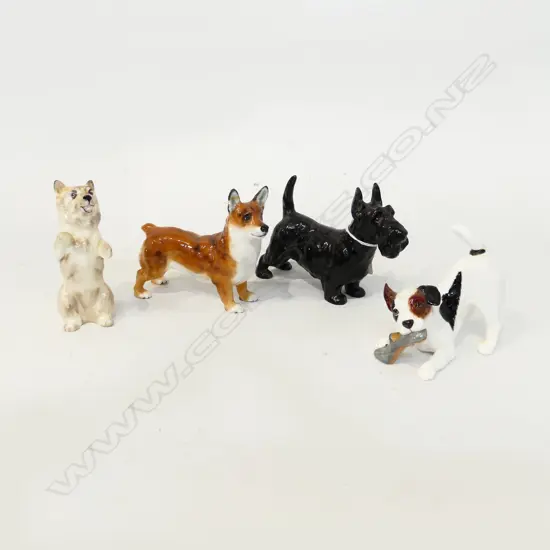 ROYAL DOULTON DOG FIGURINES; SCOTTIE, CORGI, PUP ;WITH SLIPPER & STANDING CORGI, largest L135mm