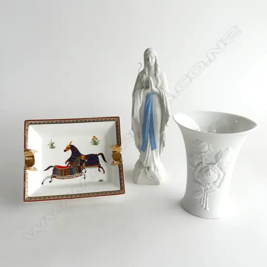 3 WHITE CERAMIC PCES; HERMES ASH TRAY 195x165mm, KAISER VASE, LIMOGES VIRGIN MARY H.290mm