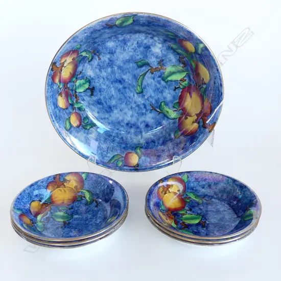 GRIMWADES BYZANTAWARE FRUIT SET 6 BOWLS (ONE SLIGHT FRIT) PEACHES ON A BRANCH, LGE BOWL W.315mm