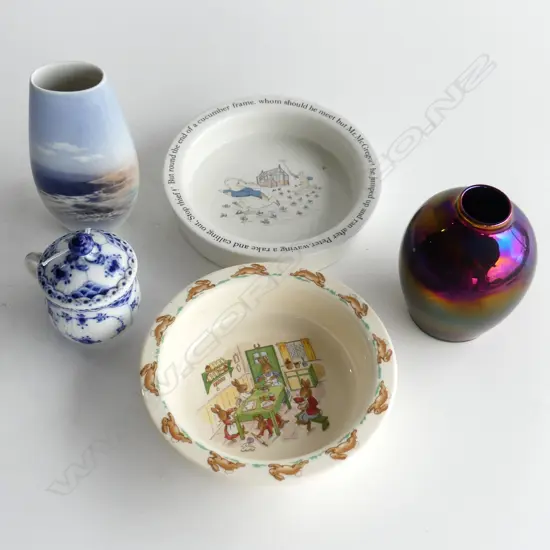 5 CERAMICS; 2 VASES; ST. LUKAS LUSTRE, ROYAL COPENHAGEN H.140mm, 2 BABIES PLATES, LIDDED CUP