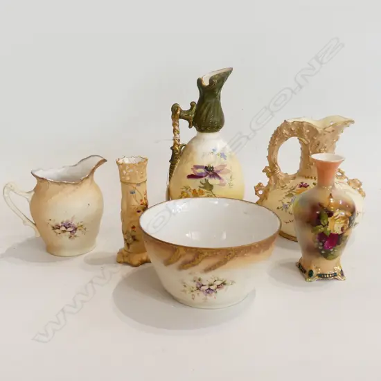 6 PCS VINTAGE BLUSH WARE CHINA, 2 JUGS, 3 VASES & BOWL