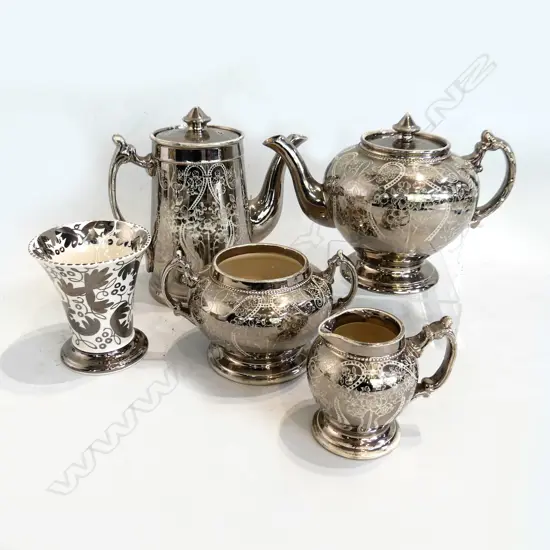 VINTAGE CHASED SILVER TEASET; TEAPOT, COFFEE POT, SUGAR BOWL & MILK JUG & WEDGWOOD SILVER & IVORY VASE (H. 105mm)