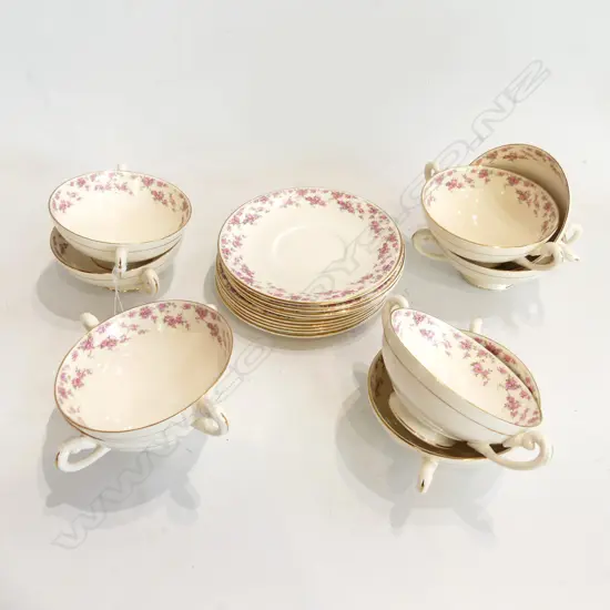 9 MYOTT PINK ROSE SOUP COUPES & UNDER PLATES 
