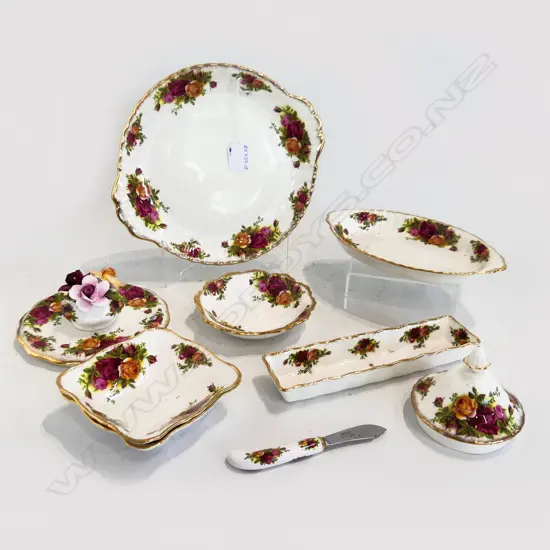 ROYAL ALBERT OCR 5 DISHES, 1 PLATE, KNIFE, PORCELAIN FLOWER BOWL, TEAPOT STAND & TEAPOT LID