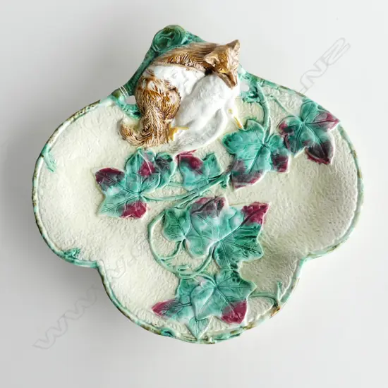 ANTIQUE MAJOLICA DISH; FOX w. GOOSE 335x230mm